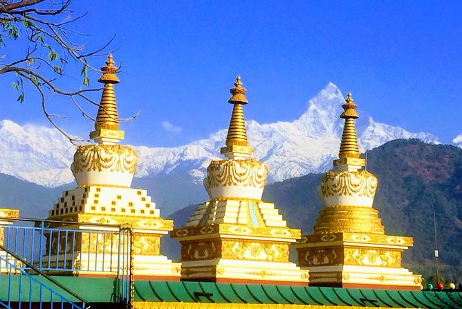 Morning Tibetan cultural tour to Tibetan settlements Pokhara - Shree Gaden Dhargay Ling Monastery: prayer wheels, flags, and stupas